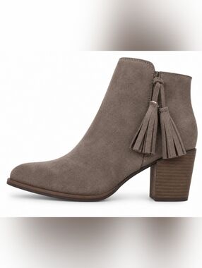 Tassel Fauxe Suede Ankle Bootie in Taupe - Side Zipper 3.5 in Heel Women Size 9